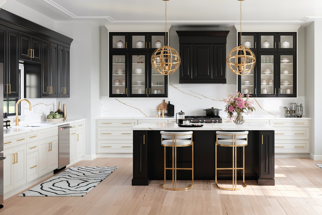 Two-tone kitchen with black mitred-frame uppers and a black island against a cream base run, under gold-toned globe pendants and a white gold-veined slab counter and backsplash