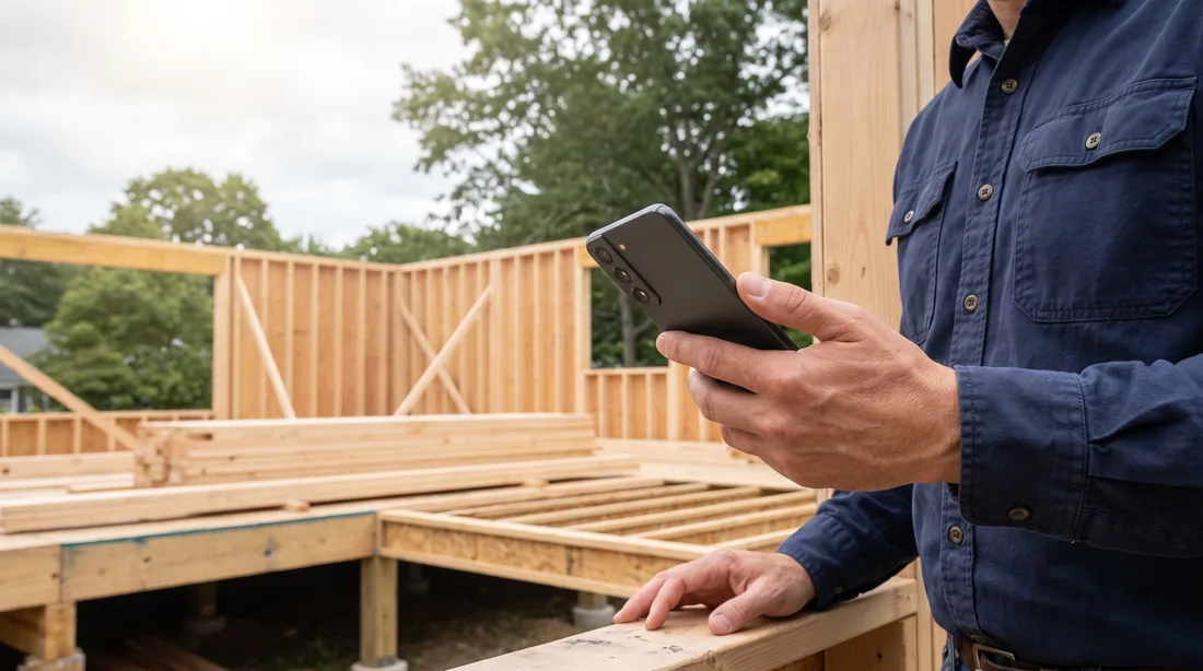 A building professional holding a phone beside timber framing