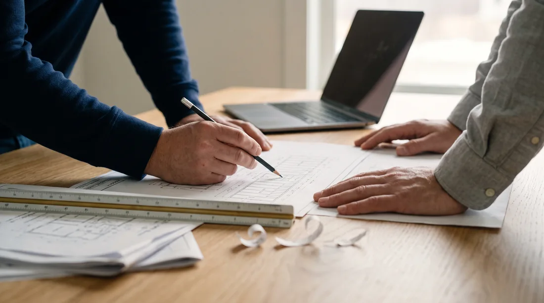 Hands reviewing a construction plan with a pencil and scale ruler