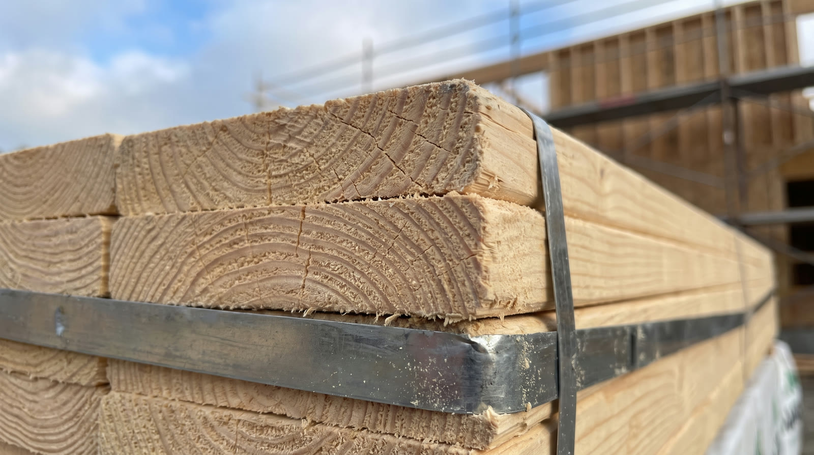 Close view of the end grain of a banded unit of precut framing studs
