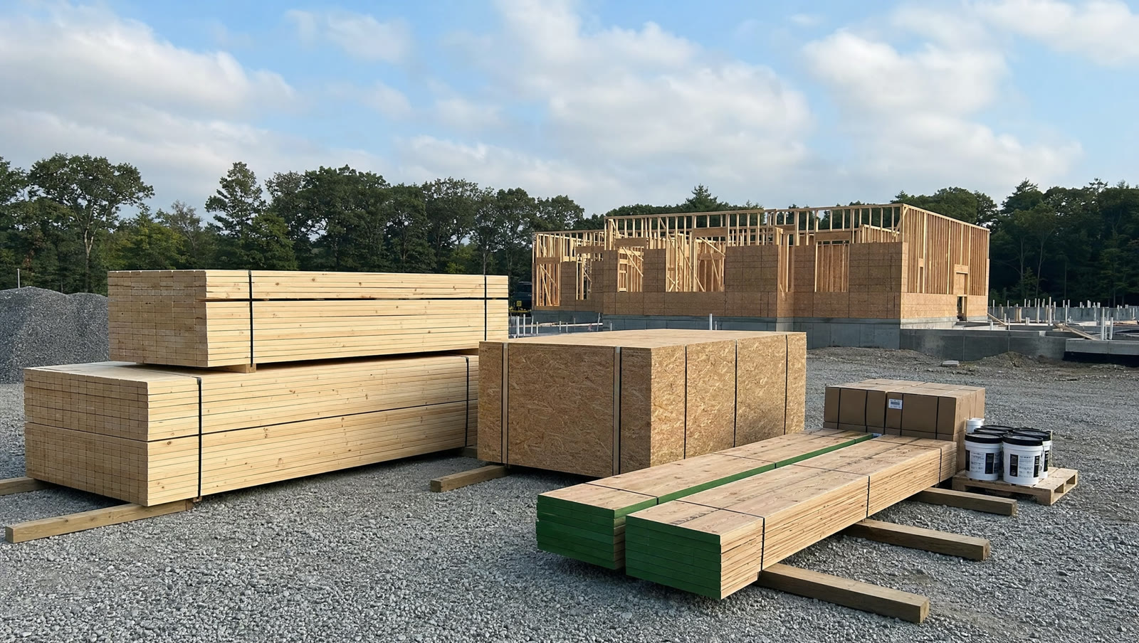 Framing material package staged on timber dunnage at a jobsite: banded studs, OSB sheathing unit, engineered beams, and hardware pallet