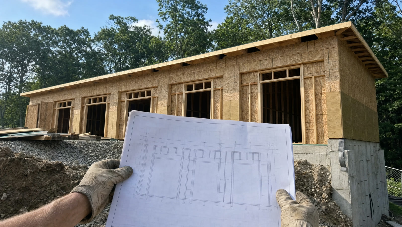 Gloved hands holding a printed framing drawing up against a wood-framed building under construction
