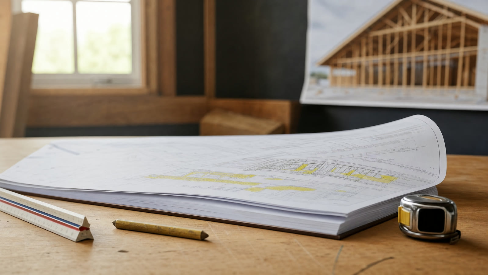 Printed drawing set open on an estimator's table with highlighter takeoff markup, an engineer's scale, and a lumber crayon